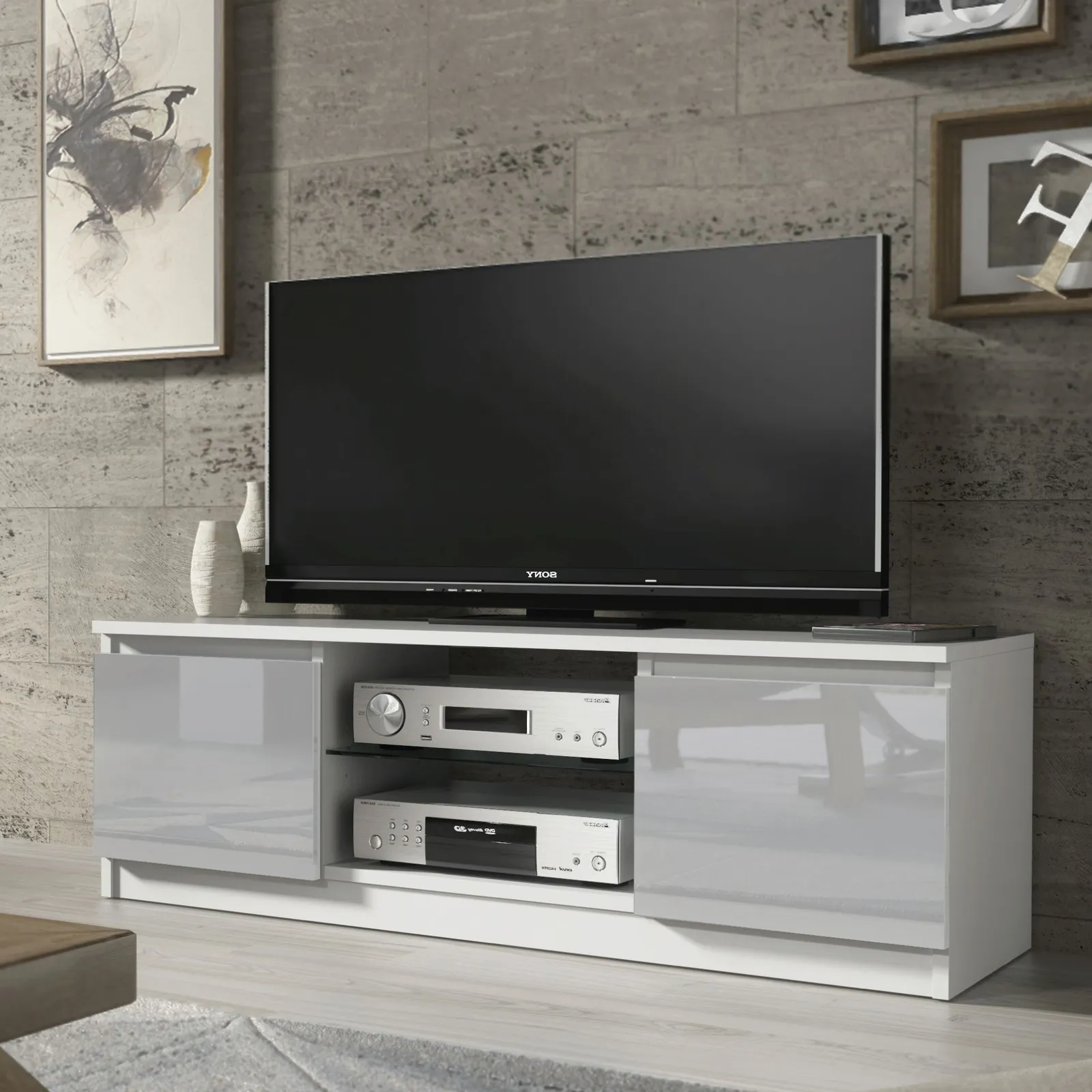 Creative Furniture TV Unit 120cm Modern - White with High Gloss Grey Doors 6
