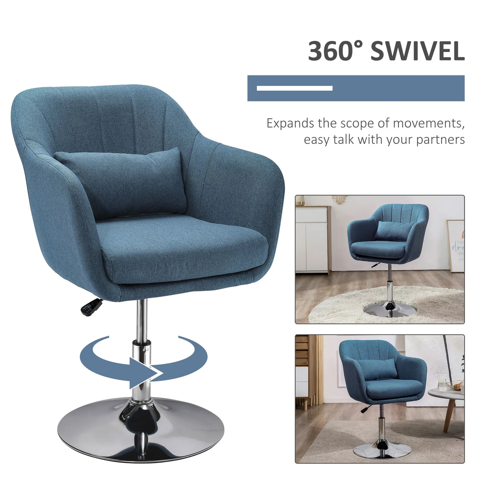 HOMCOM Stylish Retro Linen Swivel Tub Chair Steel Frame Cushion Seat in Blue 5