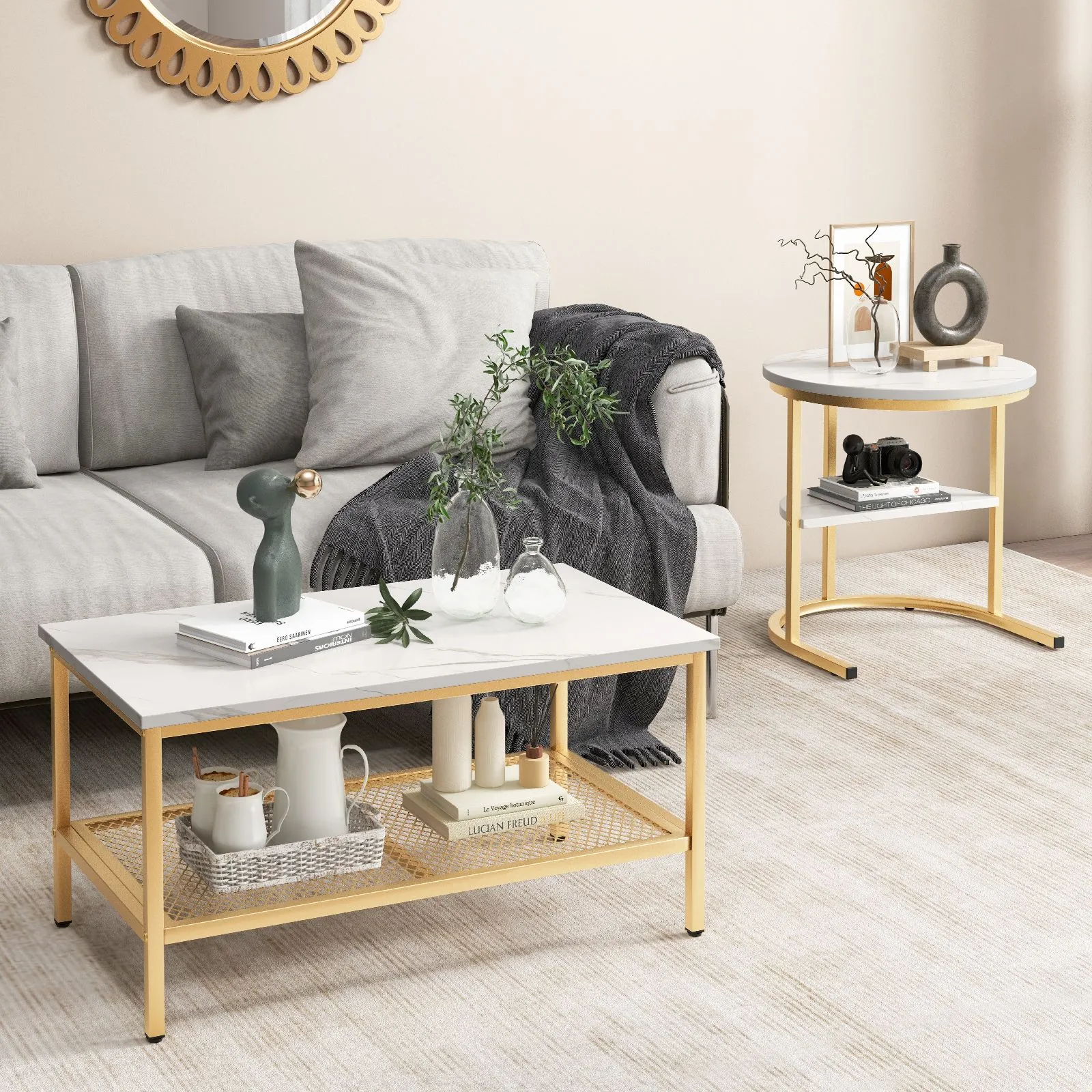 Costway Set of 2 Coffee Nesting Table Set Detachable 2-Tier Sofa Side Table Faux Marble in Gold 3