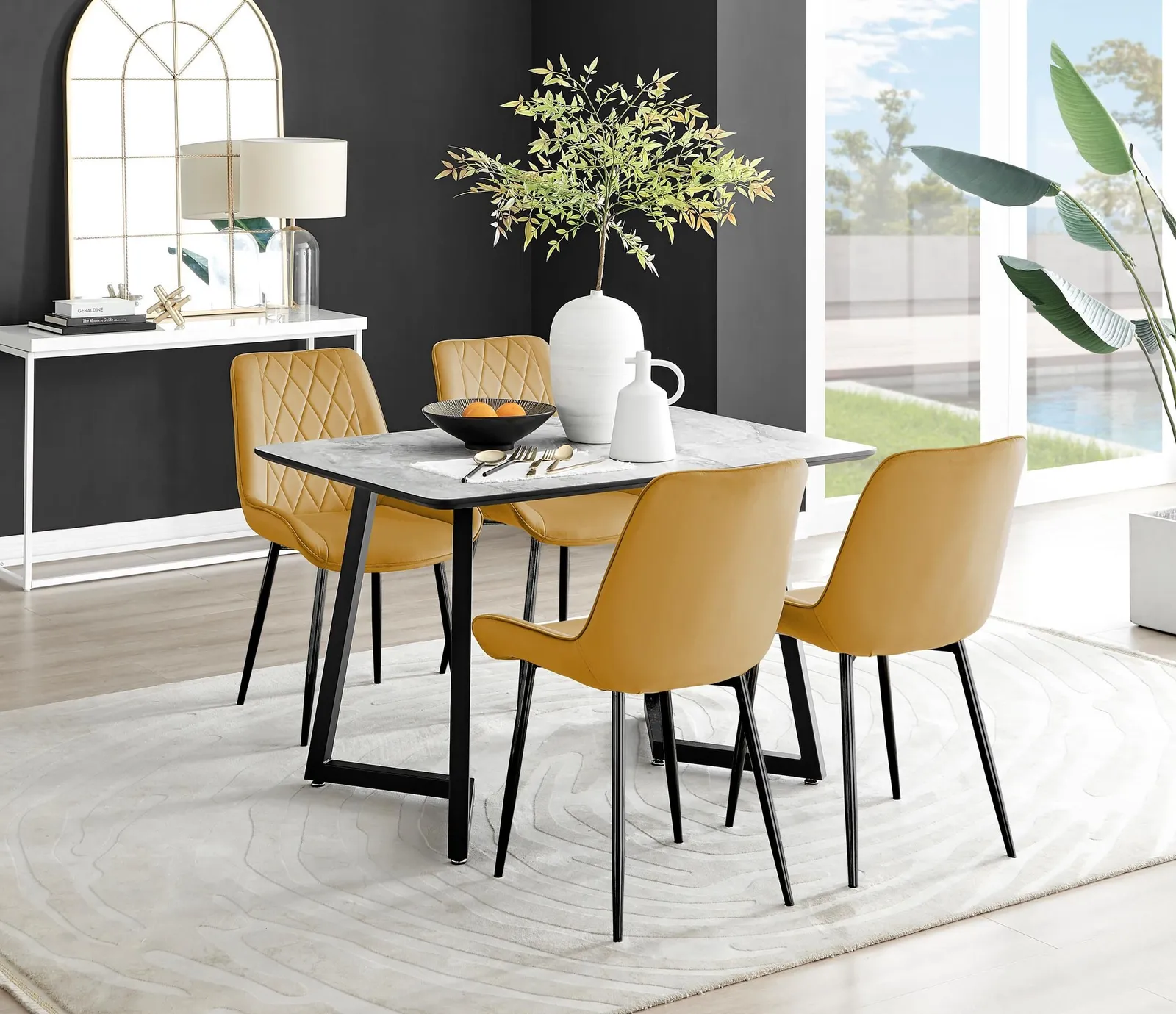 FurnitureboxUK Carson White Marble Effect Dining Table & 4 Pesaro Black Leg Chairs in Mustard 1