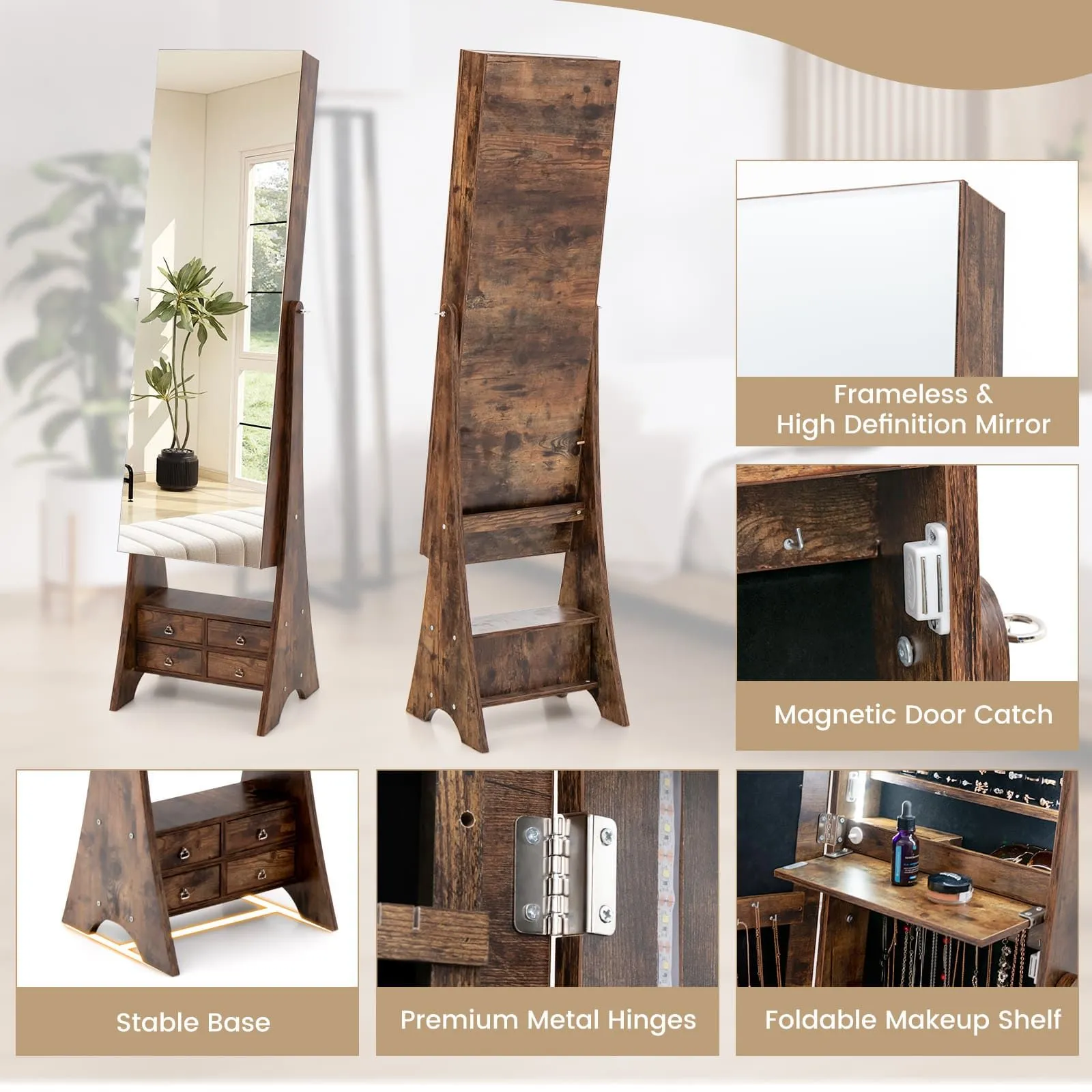 Costway Freestanding Jewelry Cabinet Floor Jewelry Armoire Organizer in Brown 6