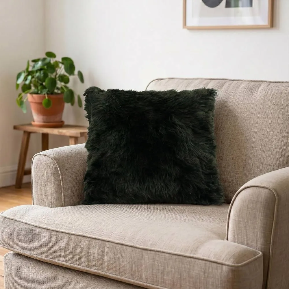 Native Natural Sheepskin Cushion in Dark Green