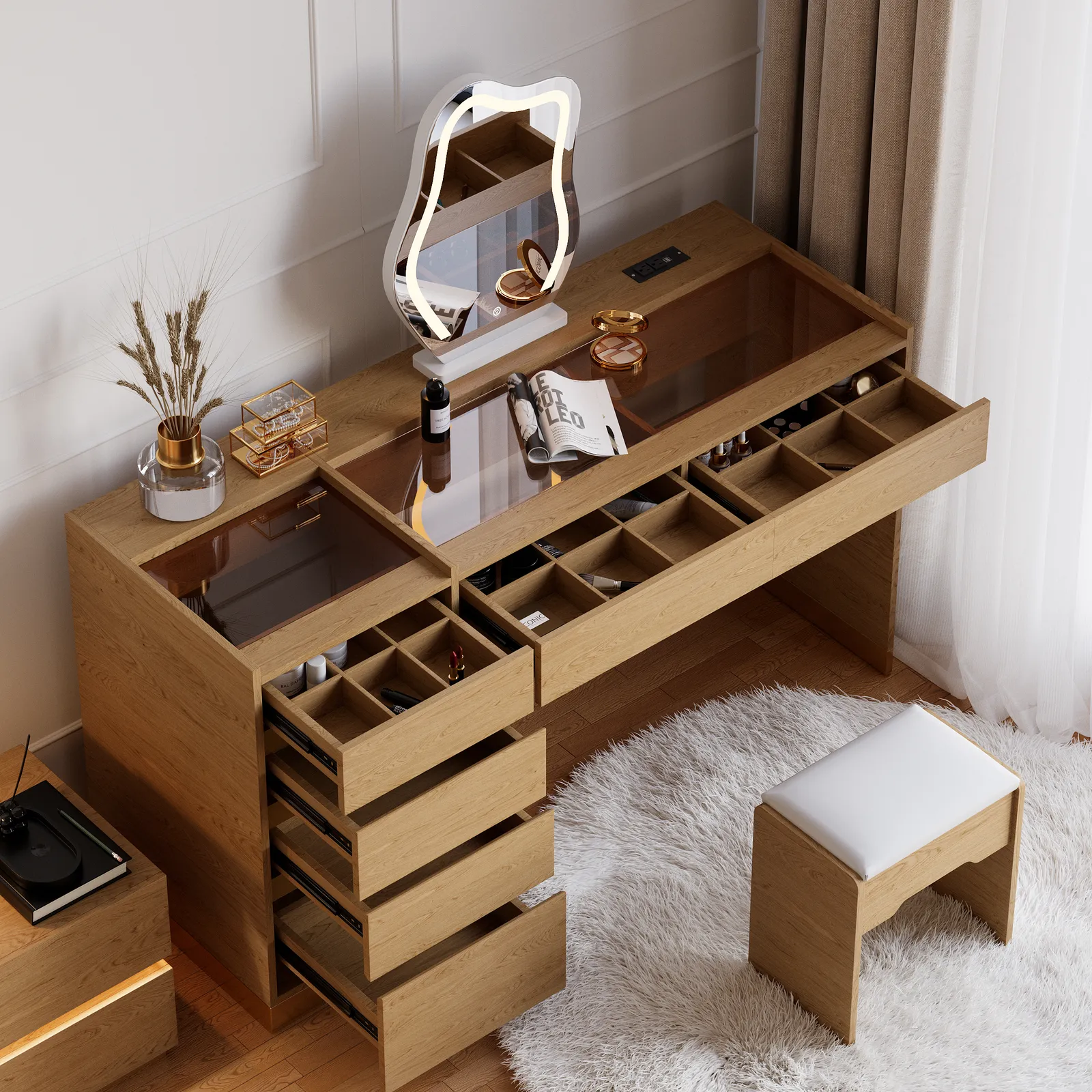 Modern Dressing Table with Chair with Lighted Vanity Mirror & Charging Station & Jewellery Storage Dressing Table
