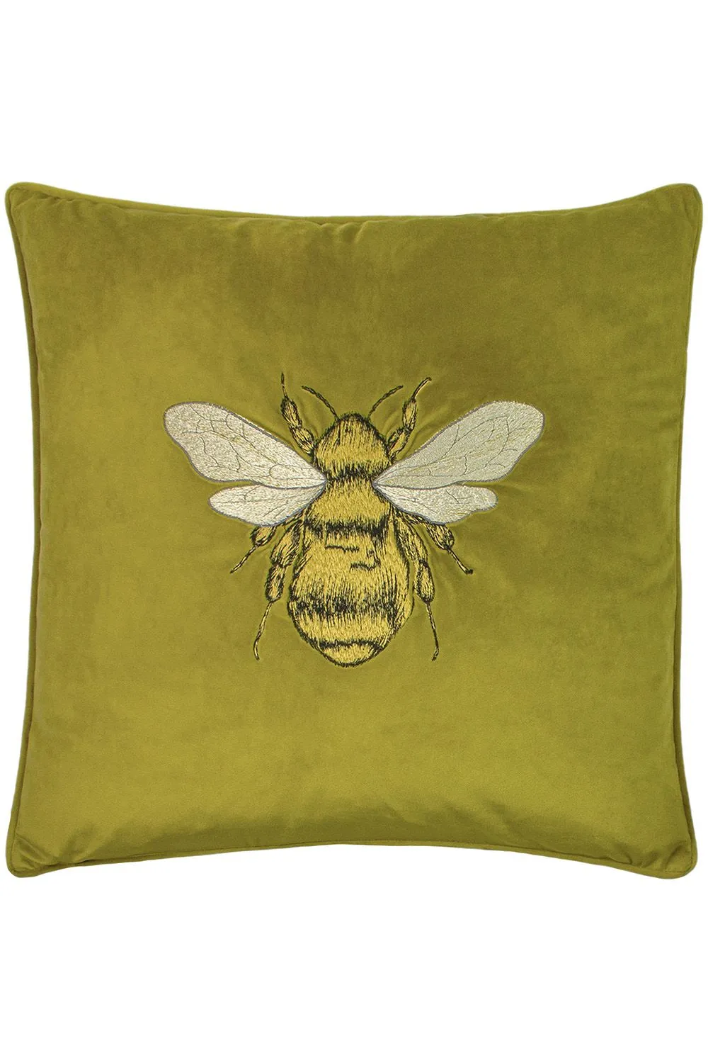 Paoletti Hortus Embroidered Bee Soft Velvet Pipe Trimmed Cushion in Olive 1
