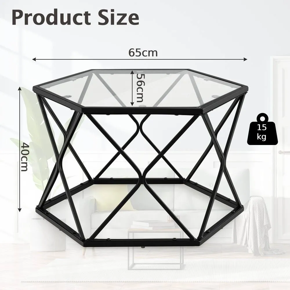 Costway Geometric Glass Coffee Table Hexagonal End Table with Tempered Glass Top in Black 2