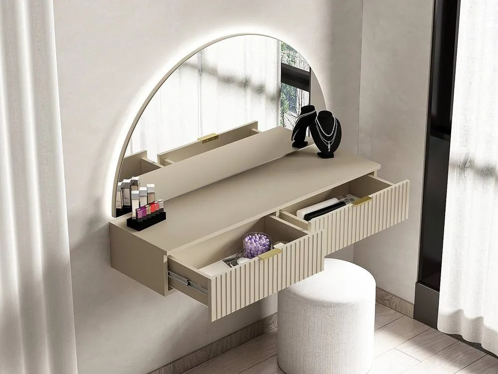 Vente-unique Wall-Mounted Dressing Table With Mirror & LED Lighting - 2 Drawers in Beige 4