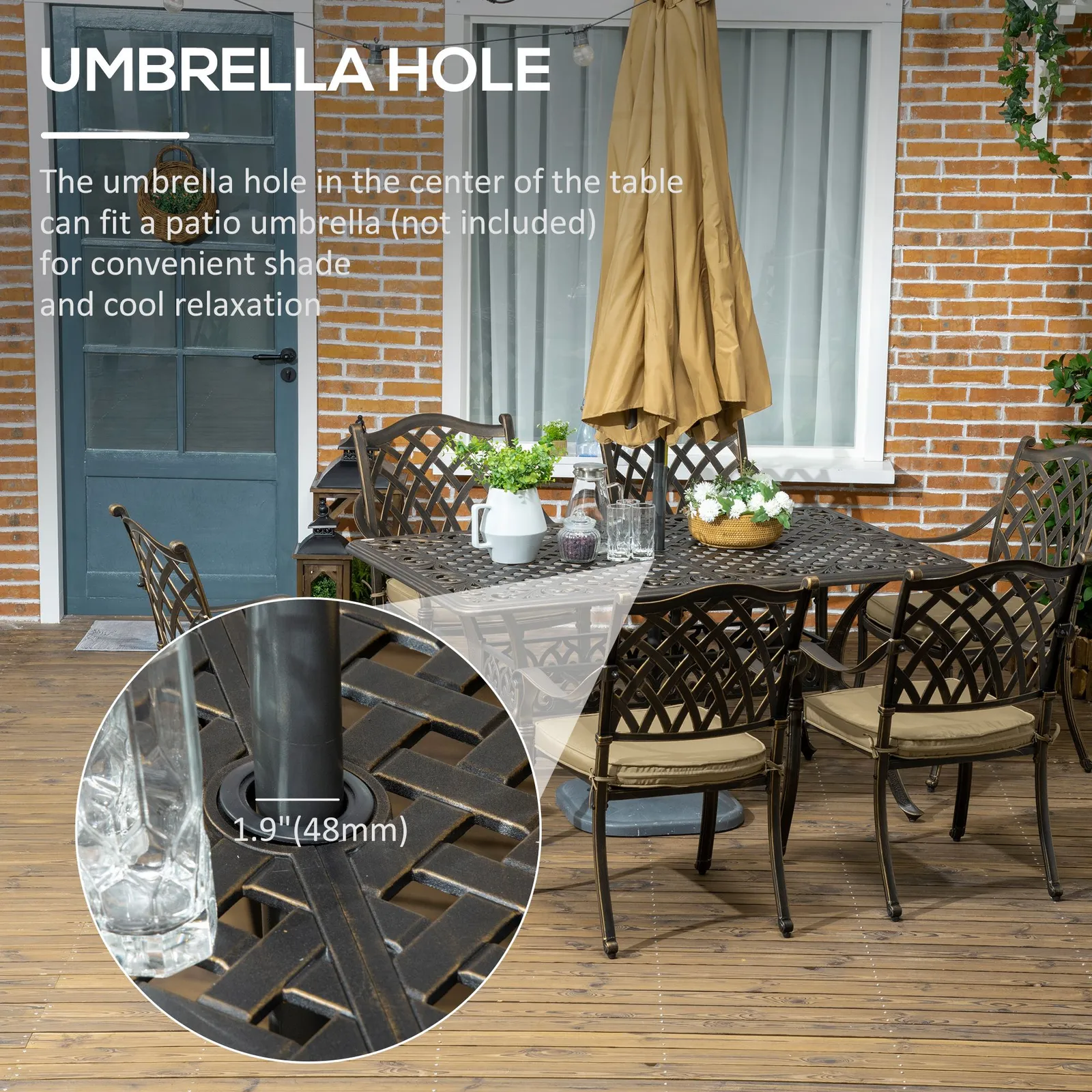 OUTSUNNY 7-PC Cast Aluminum Patio Dining Set w/ Umbrella Hole & Cushion in Bronze 5