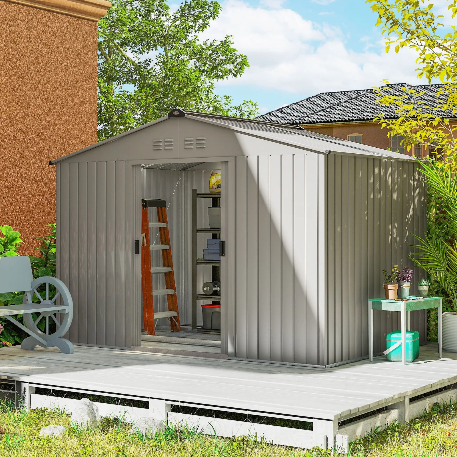 OUTSUNNY 9 x 6FT Galvanised Garden Storage Shed with Sliding Door, Grey in Mid Grey