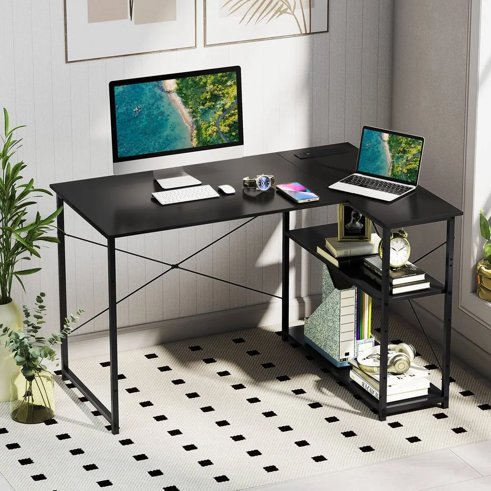 Costway L-shaped Computer Desk w/Power Outlet Workstation w/Reversible Shelves in Black