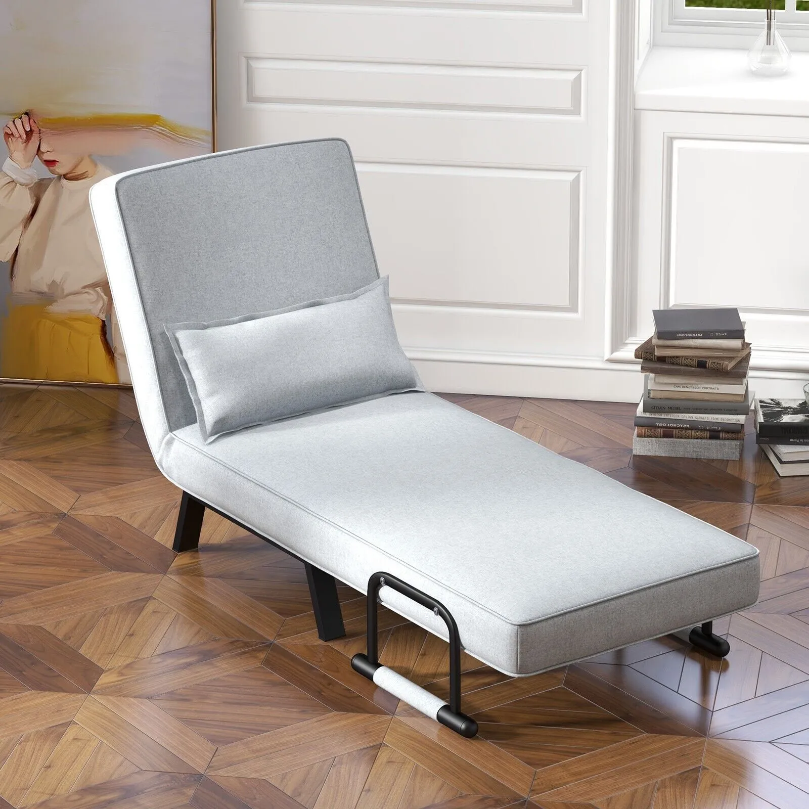 Costway Convertible Single Folding Sofa Bed Sleep Chair with 6 Positions Adjustable Backrest Light Grey 5