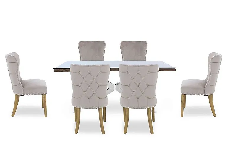 Kiara Small Rectangular Dining Table with Chrome Legs and 6 Luxe Fabric Chairs