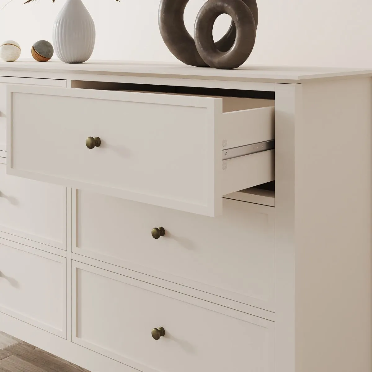 Melody Maison Large 6 Drawer Chest Of Drawers & Pair Of 3 Drawer Bedside Tables - Rowley Pale Cream Range 6
