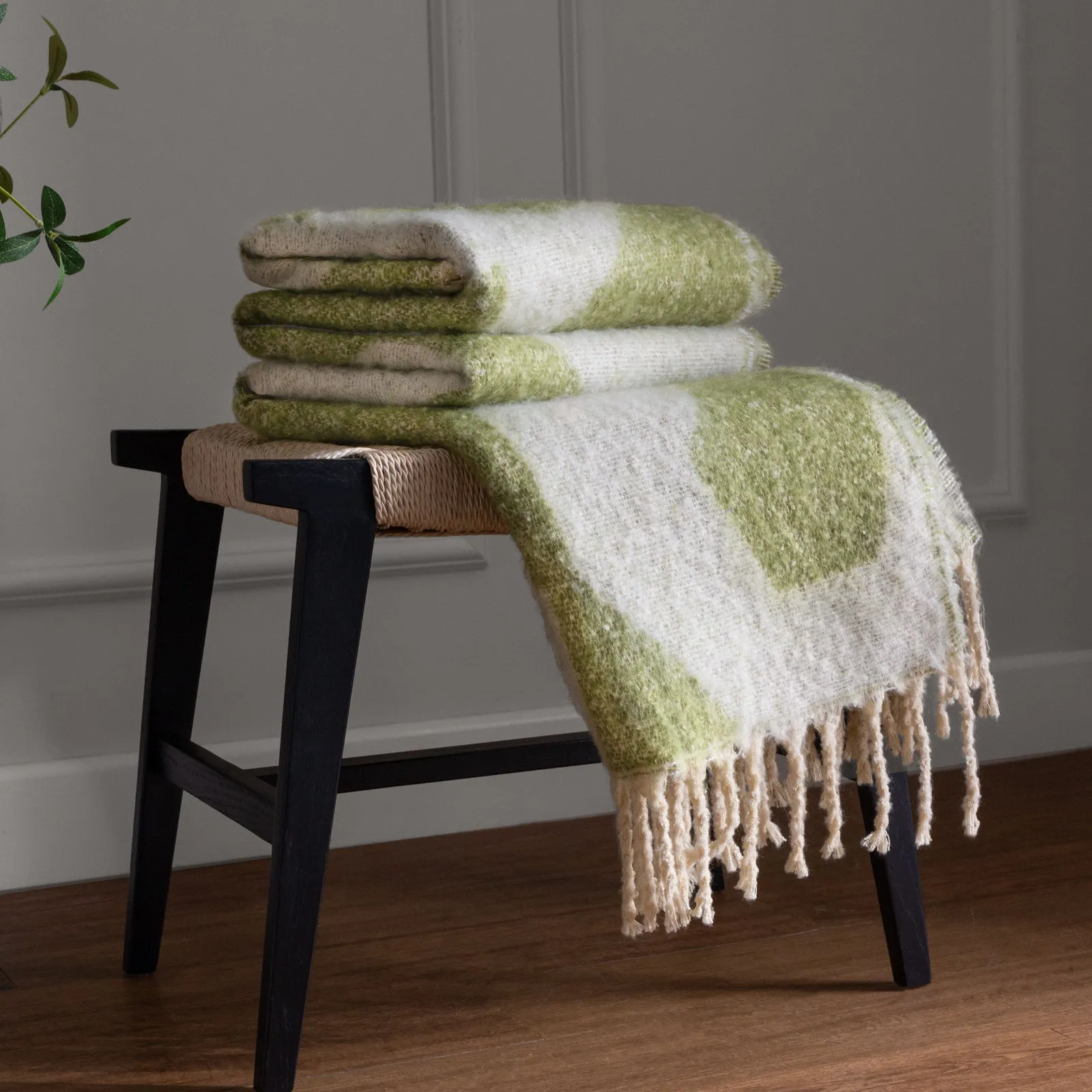 HOEM Meta Abstract Faux Mohair Knit Throw in Olive