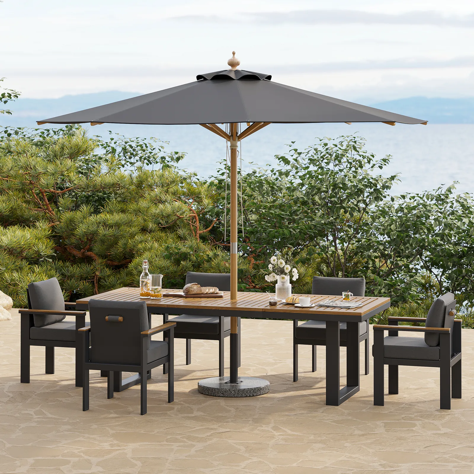 Tevara 8-Piece Rectangular Wood & Aluminium Outdoor Dining Set with Pillar Umbrella