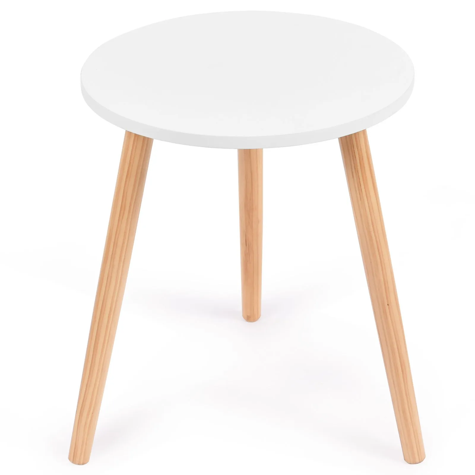 Costway Round Compact Coffee End Table Small Side Desk w/ Natural Wood Legs Modern Style in White