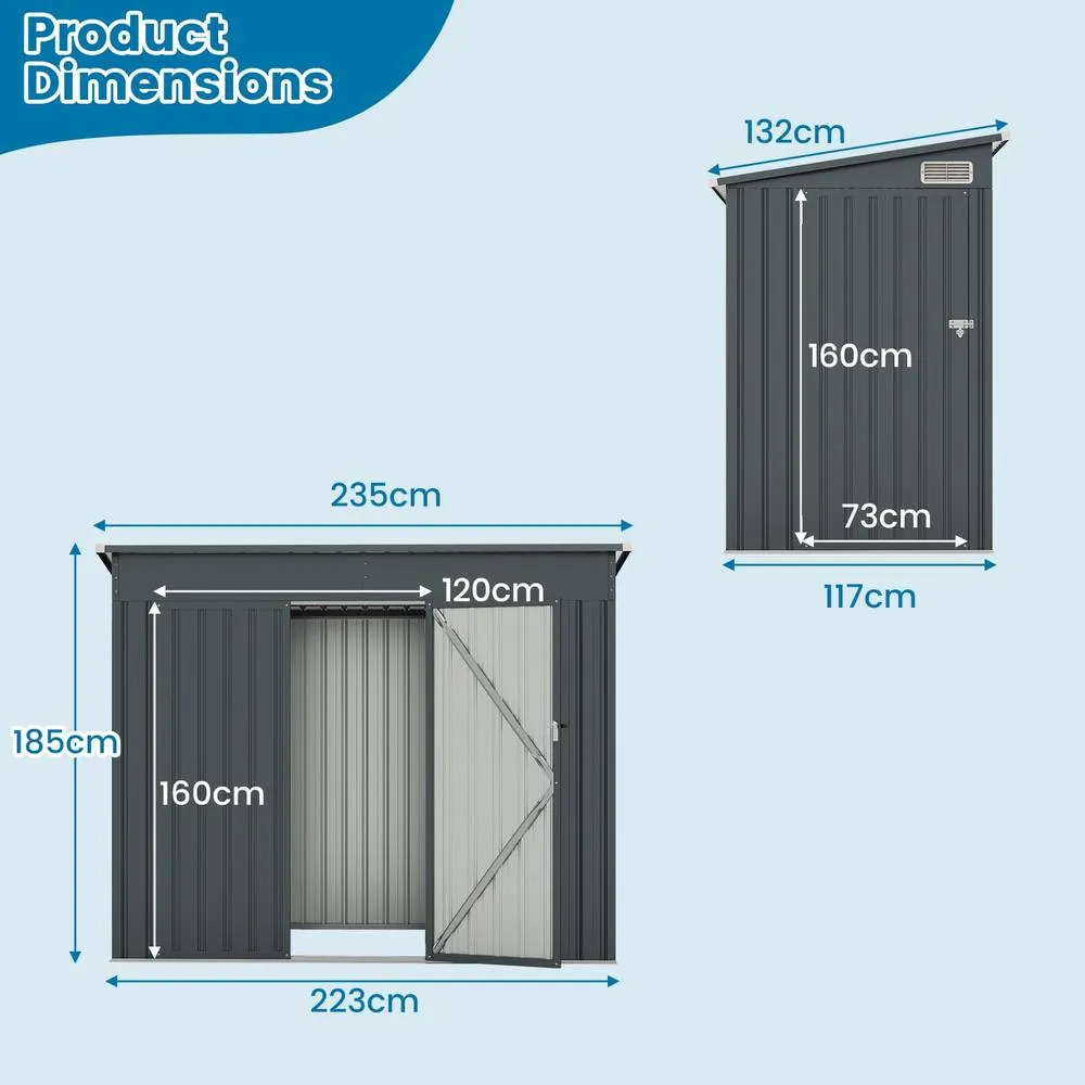 Costway 235 x 117 x 185cm Outdoor Storage Shed Garden Tool House w/2 Doors-Grey in Grey 2
