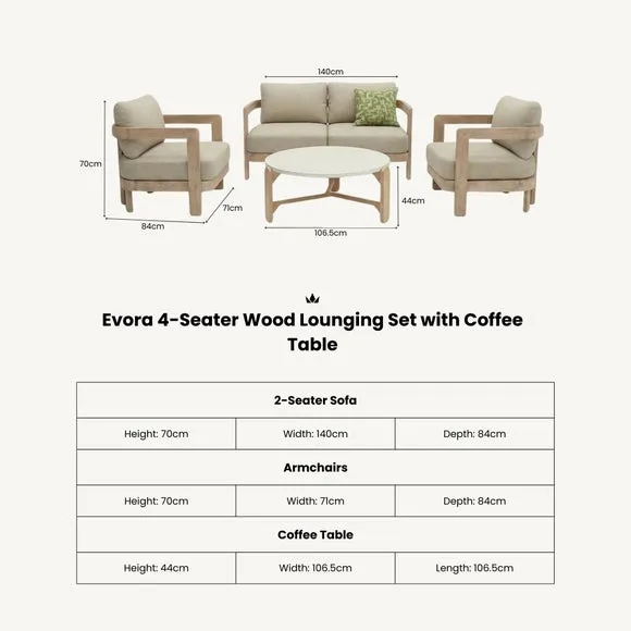 Evora 4 Seater Wood Lounging Set With Coffee Table 6