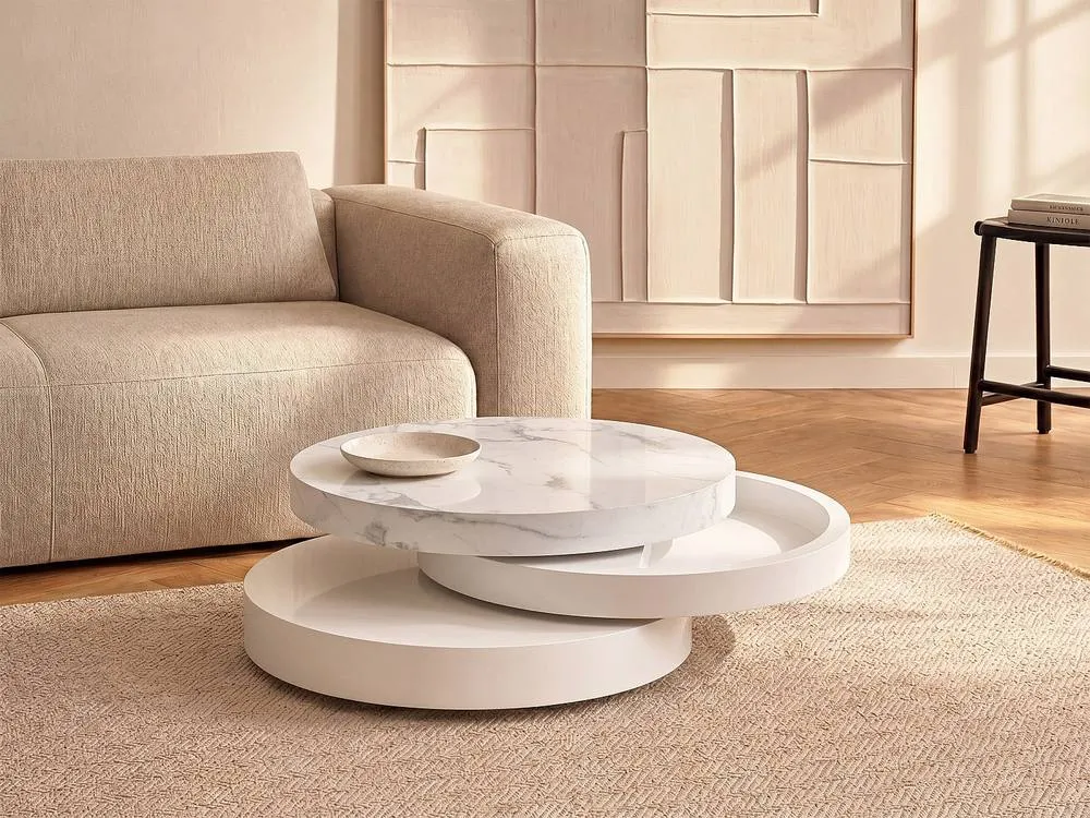Vente-unique Round Swivel Coffee Table With 1 Niche In MDF - White Marble Effect 3