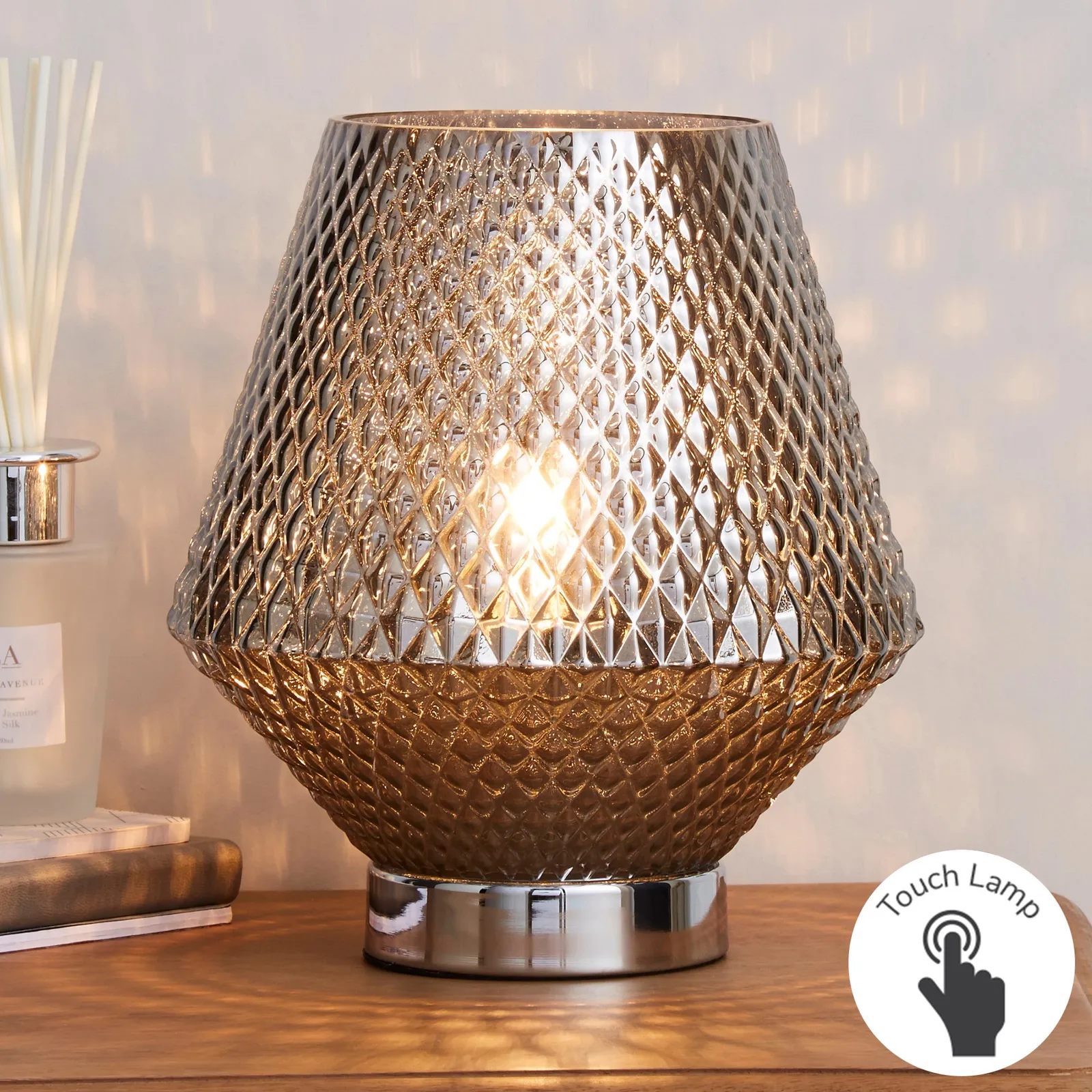 Miah Smoked Glass Touch Dimmable Table Lamp Silver