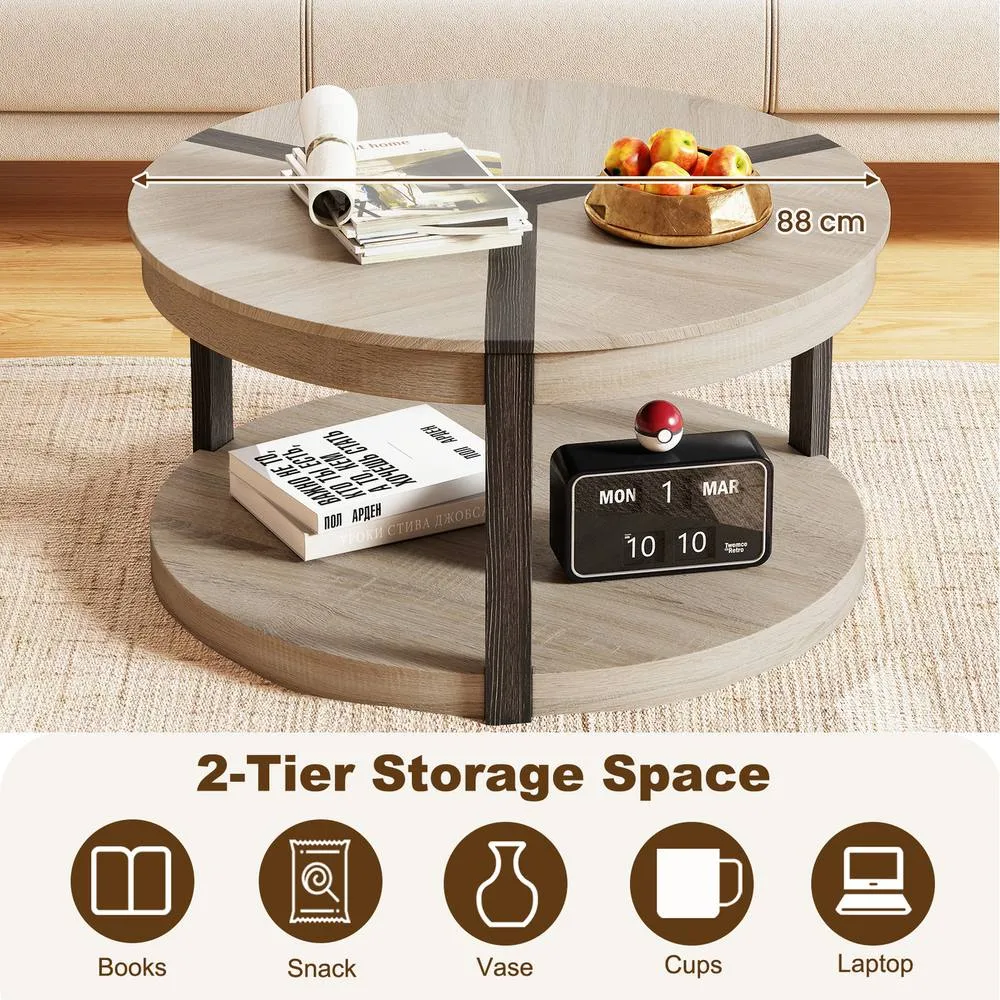 Costway 2-Tier Round Coffee Table 88CM Rubber Wood Center Table w/Shelf-Oak in Light Oak 6