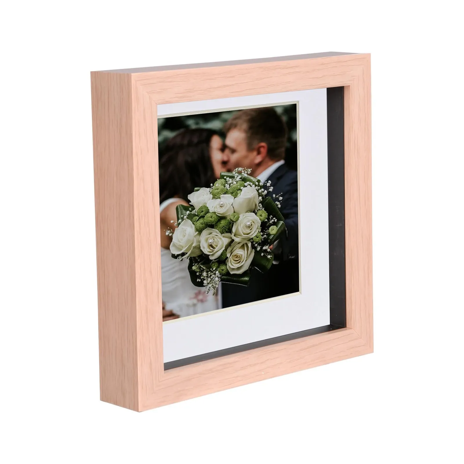 Nicola Spring 6" x 6" 3D Box Photo Frame - 4" x 4" Mount - Light Brown in White