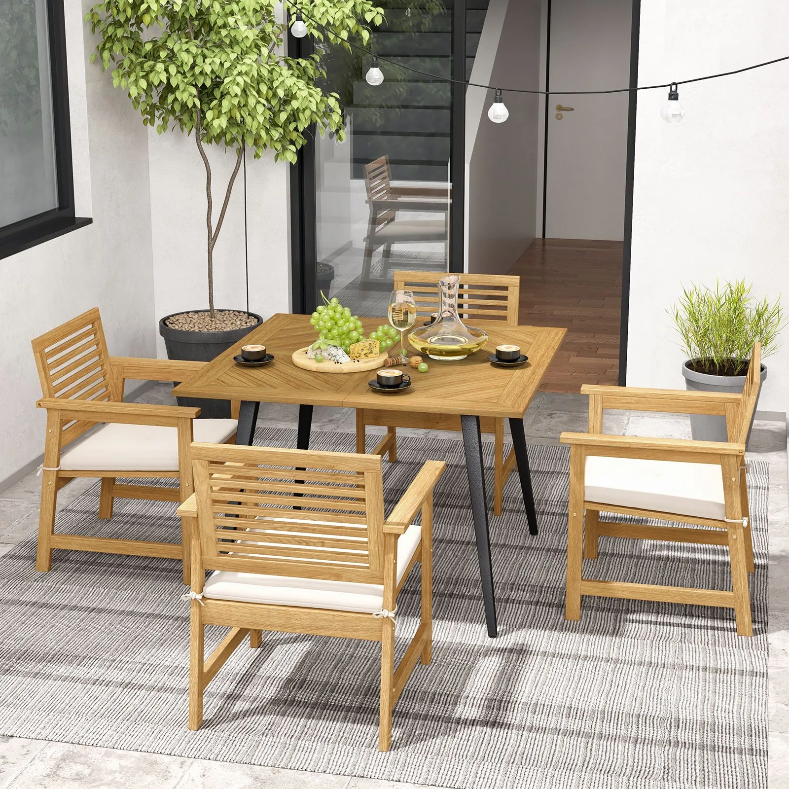 Costway Outdoor Dining Table for 4 Acacia Wood Patio Square Bistro Table w/ Umbrella Hole 107 x 107cm in Natural 6