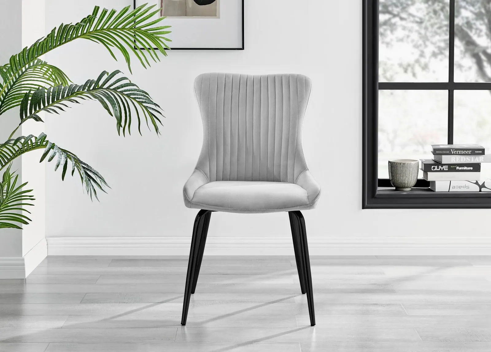 FurnitureboxUK Set of 2 Nora Deep Padded Luxurious Dining Chairs Upholstered In Soft Velvet With Black Legs in Light Grey 3