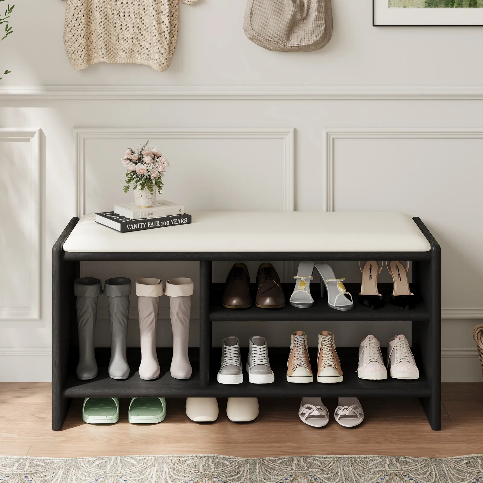 Modern Leather Upholstered Entryway Bench in Black  Wood Shoe Storage (1200mm Wide)