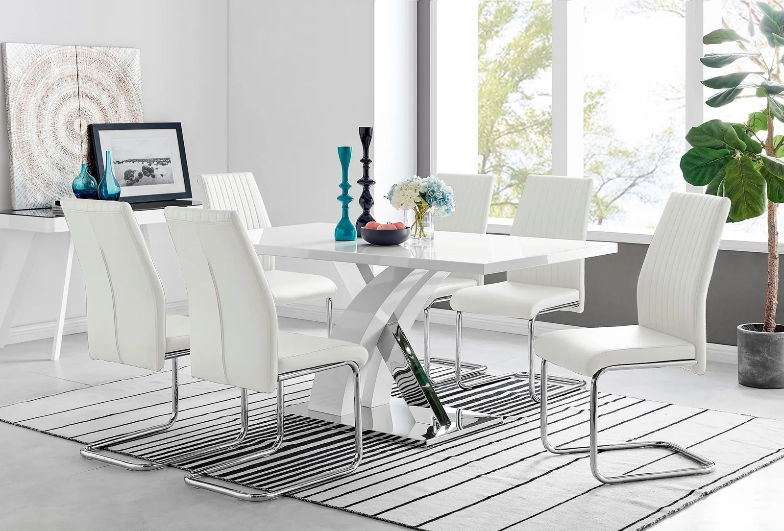 FurnitureboxUK Atlanta Modern Rectangle Chrome Metal High Gloss White Dining Table & 6 Lorenzo Chairs Set in Off-White 1