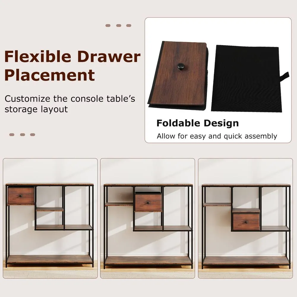 Costway 100CM Console Table Entryway Table with Drawer & 4-Tier Display Shelf in Brown 4