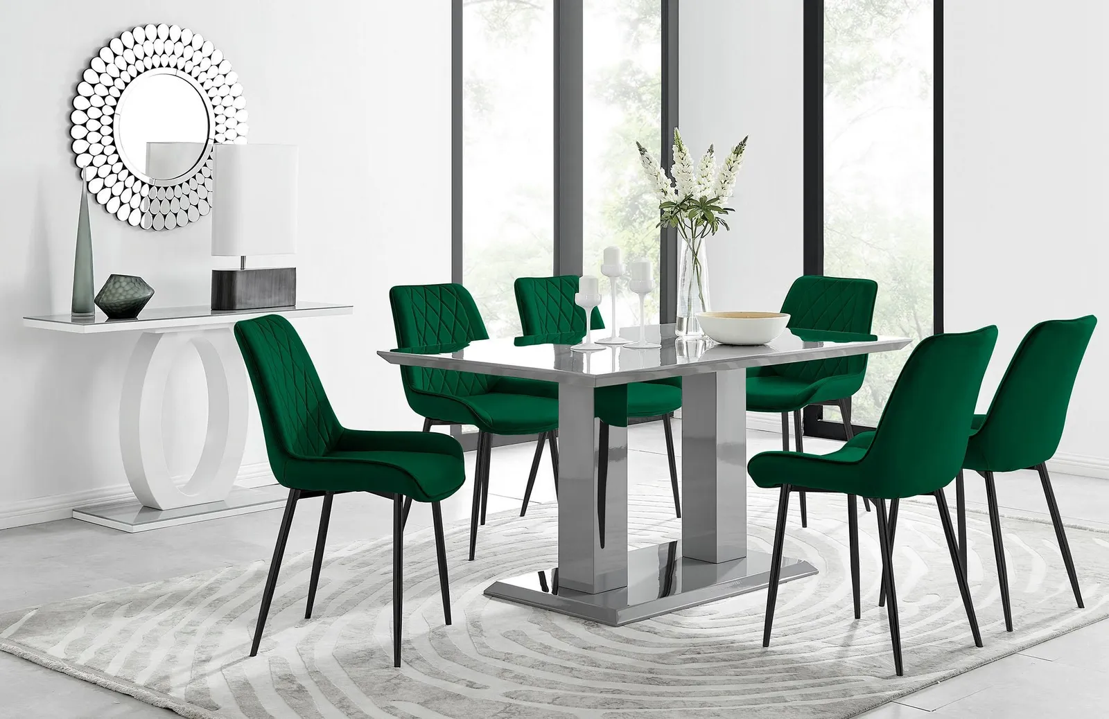 FurnitureboxUK Imperia 6 Grey Dining Table & 6 Pesaro Black Leg Chairs in Green 1