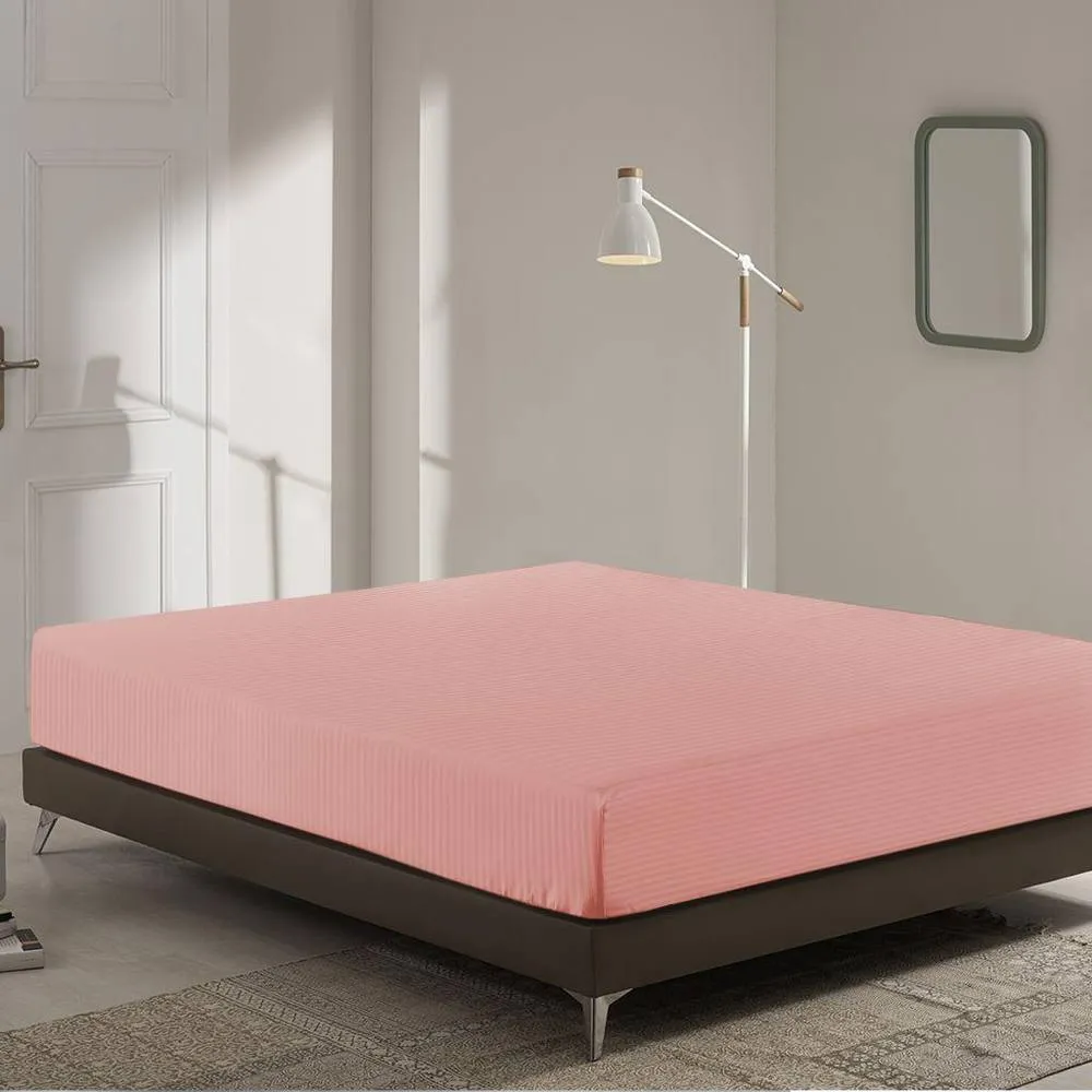 Homes-Linen Extra Deep Fitted Sheet 40cm Microfiber Stripe Bed Sheet in Pale Pink