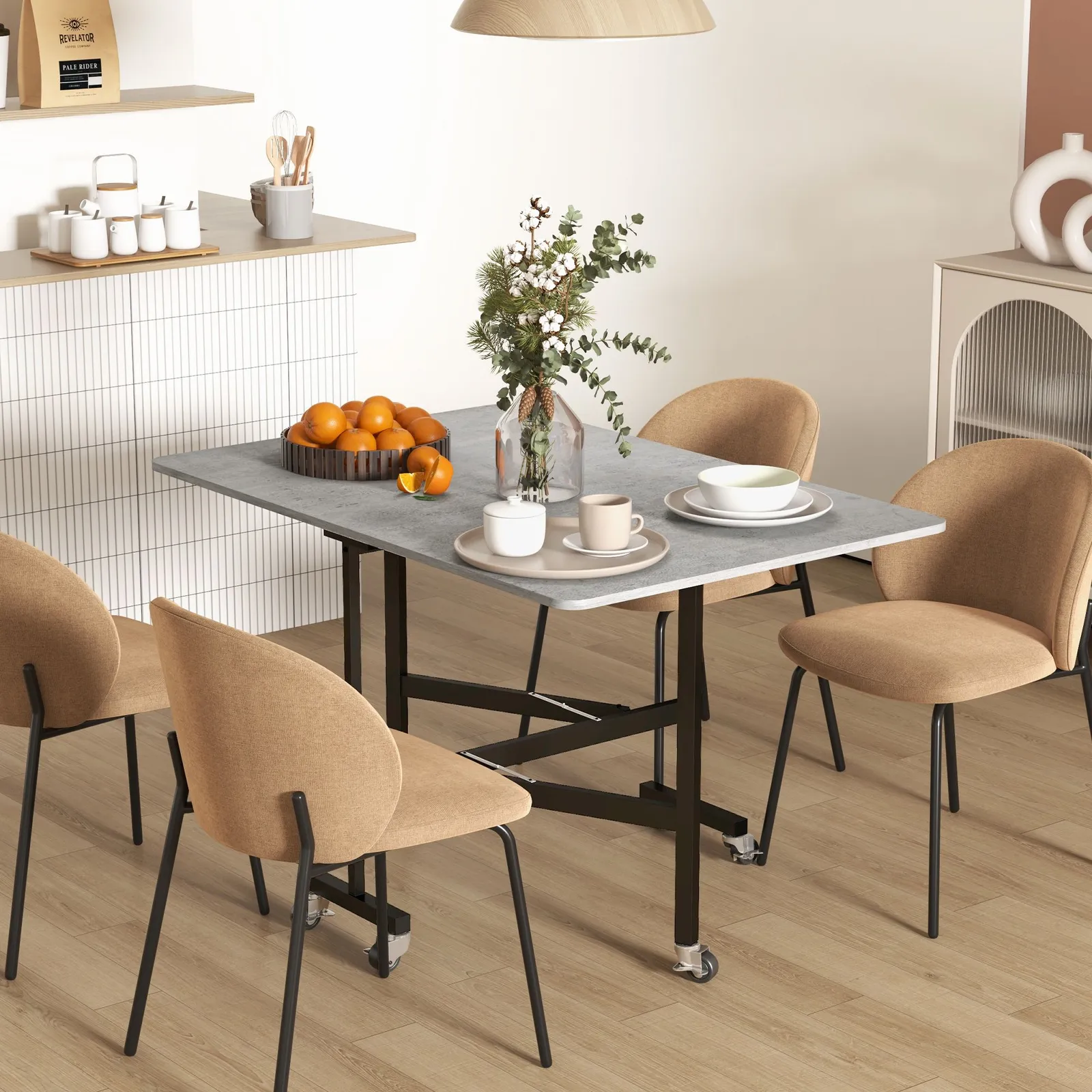 HOMCOM Drop Leaf Table, Folding Dining Table with Metal Frame, Rolling Kitchen Dining Table for Small Spaces, 120cm in Grey 2