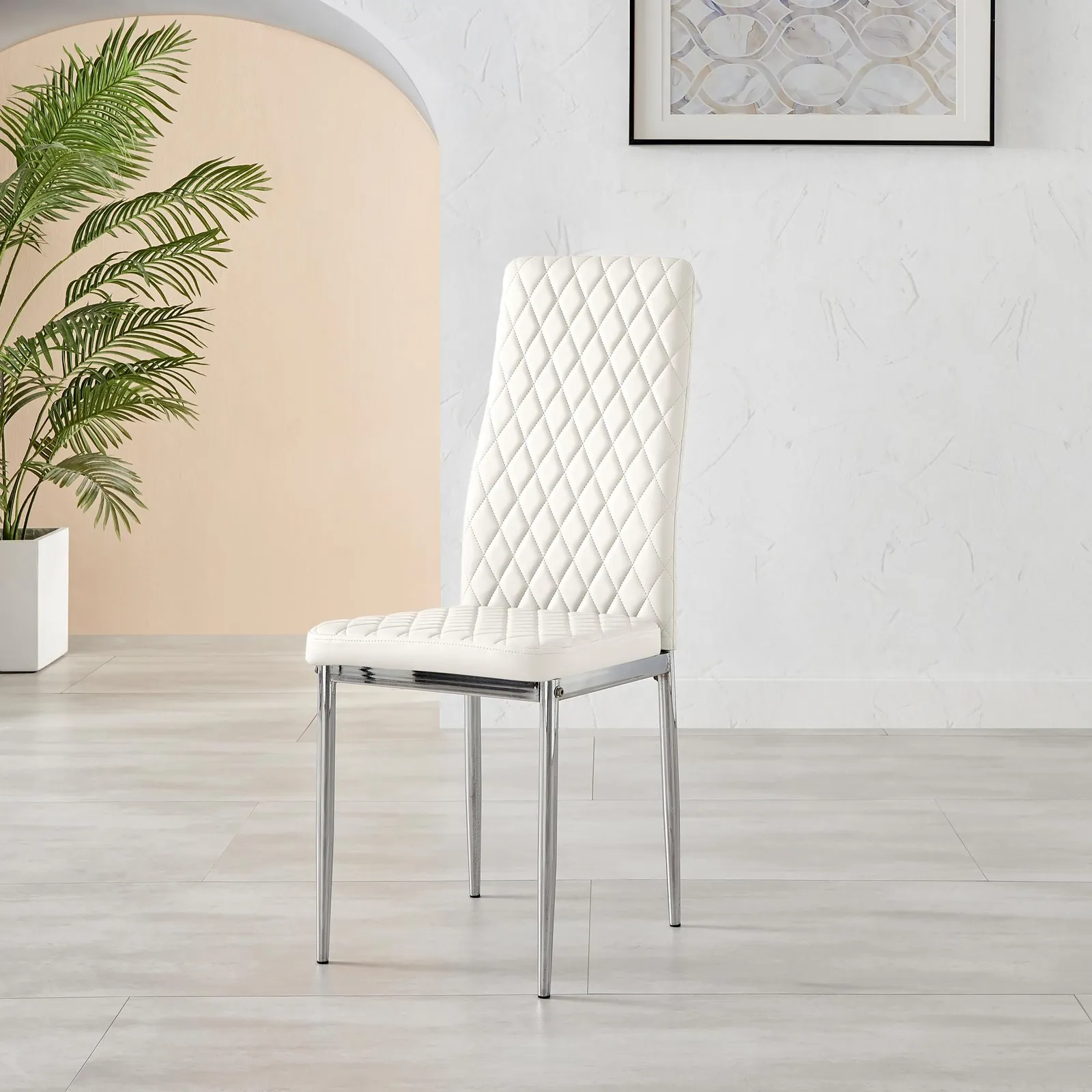 FurnitureboxUK Set of 6 Milan High Back Soft Touch Diamond Pattern Faux Leather Dining Chairs With Silver Chrome Metal Legs in White 4