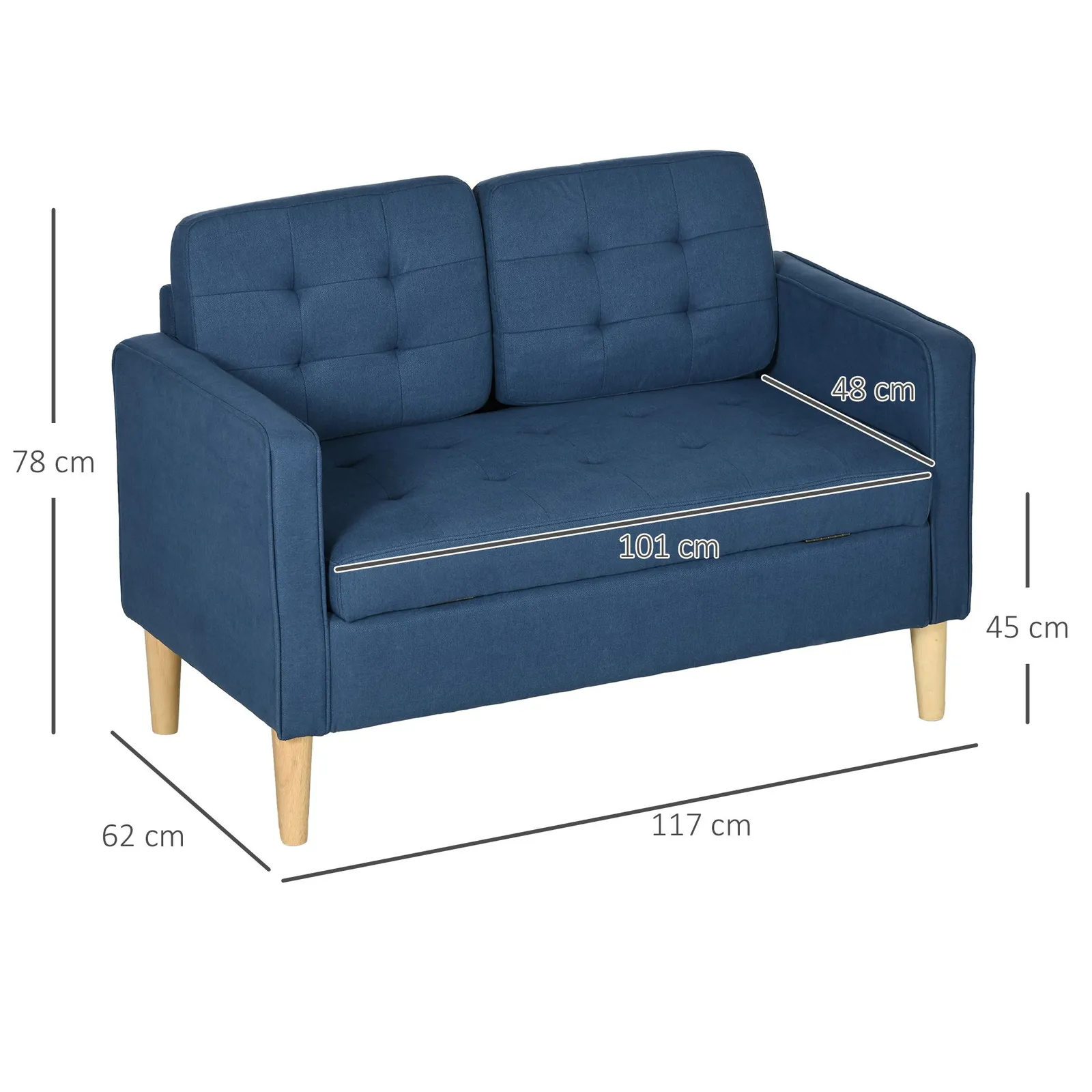 HOMCOM Compact Loveseat Sofa 2 Seater Sofa with Storage & Wood Legs in Blue 3