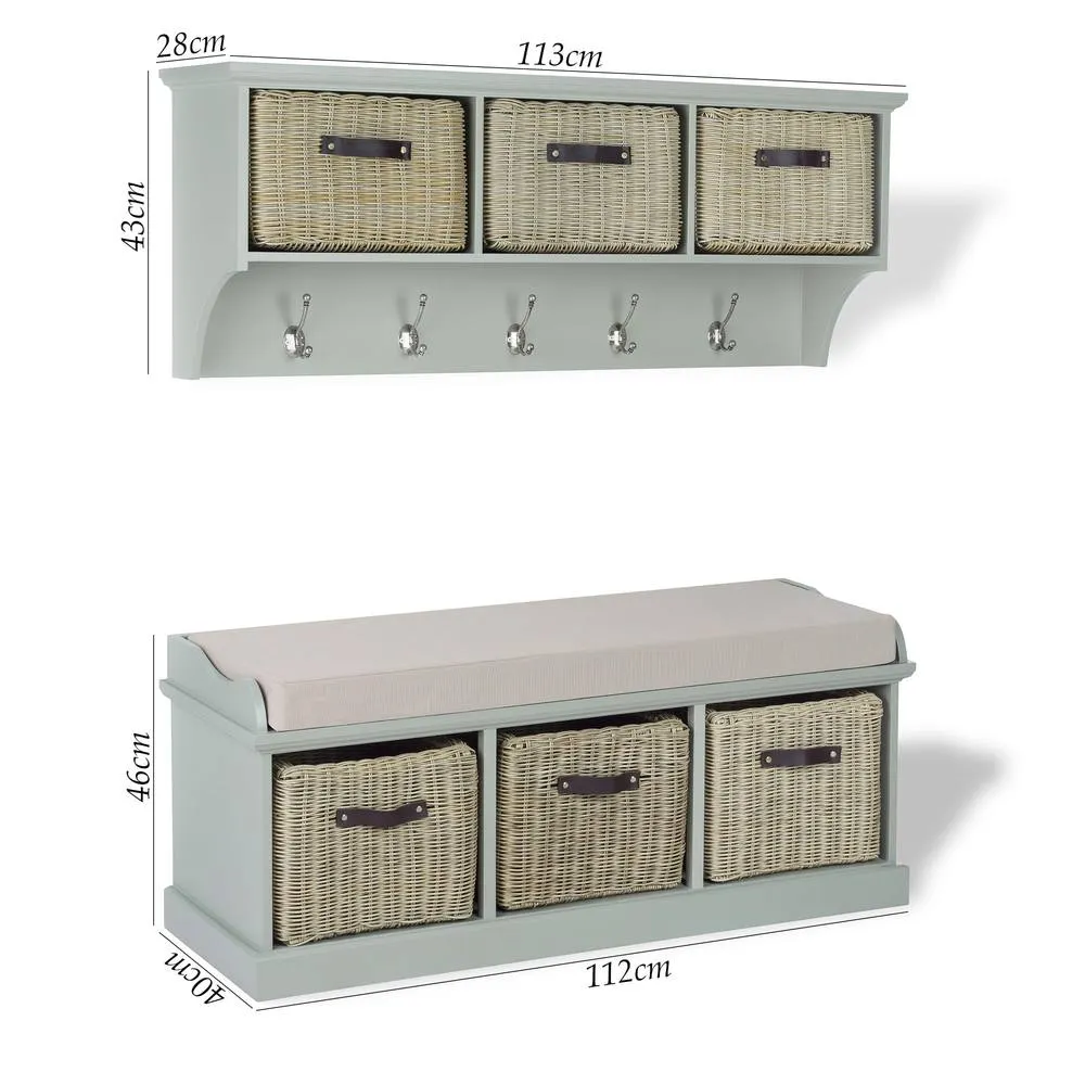 Statement Furniture Tetbury 3 Brown Faux Rattan Basket & Cream Cushion Hallway Set in Light Green 2