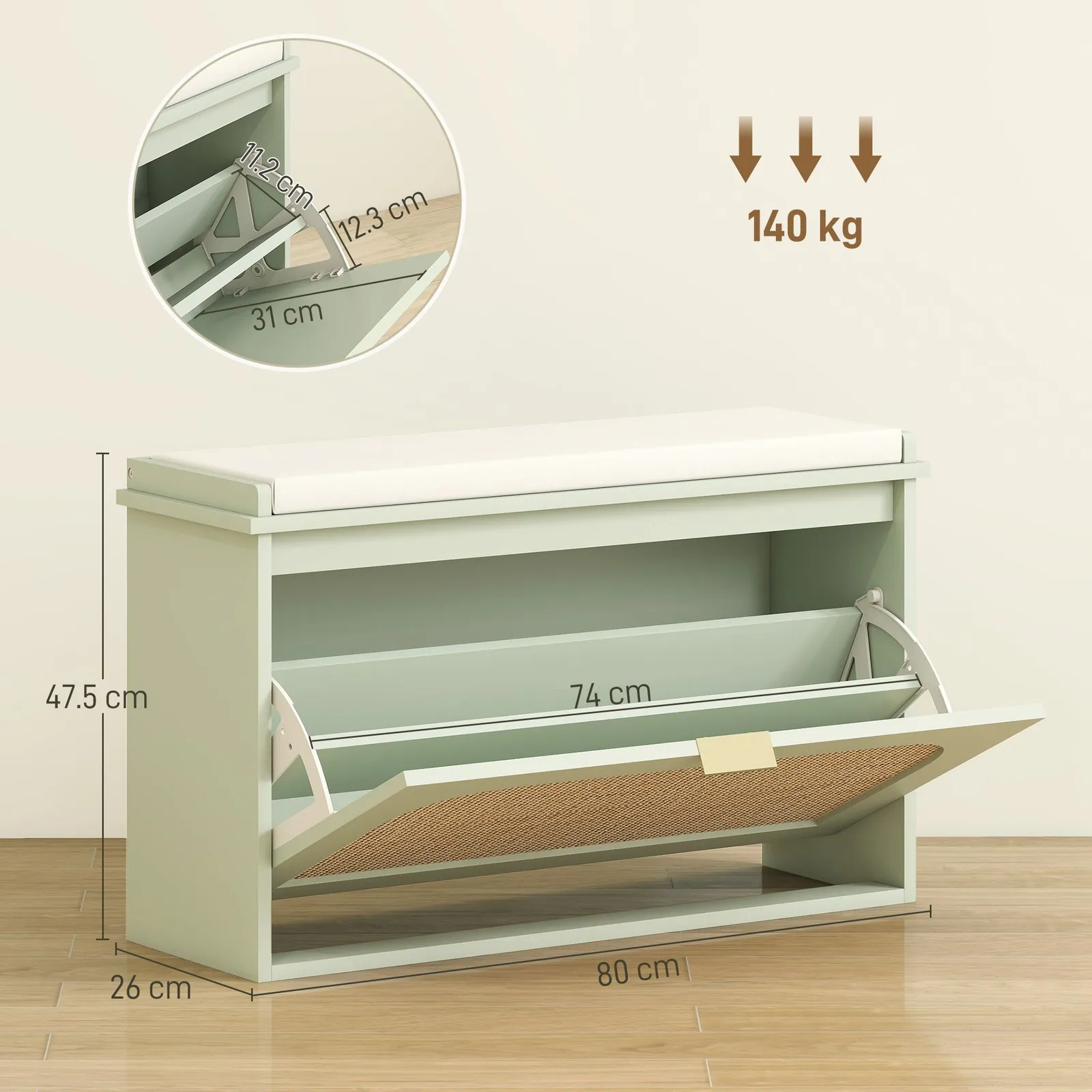 HOMCOM Boho Shoe Bench with Padded Seat & Flip-Drawer in Light Green 3