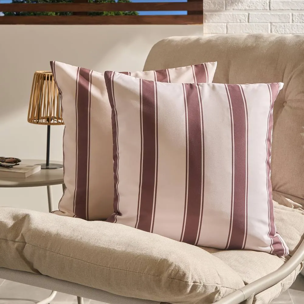 OHS 2 x Stripe Garden Cushion Covers Outdoor Water Resistant in Chocolate