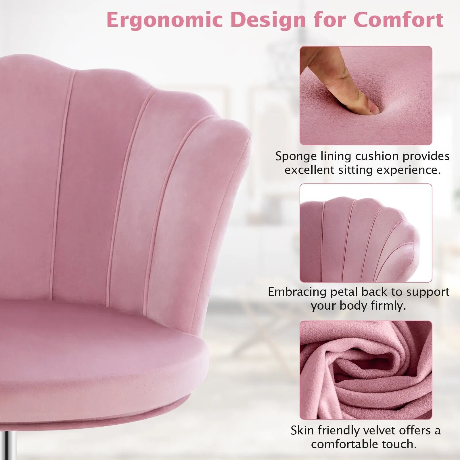 Costway Adjustable Vanity Chair Upholstered Velvet Arm Chair w/Wheels in Pink 4