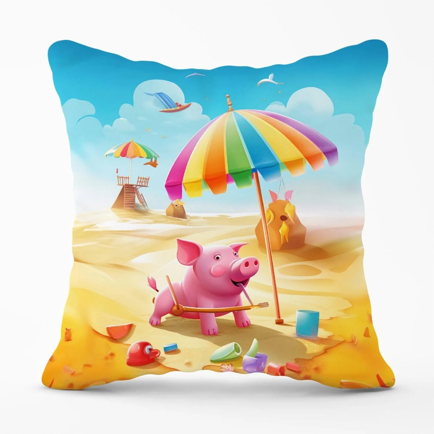 Warren Reed - Designer Pig On A Beach Holiday Outdoor Cushion in Yellow