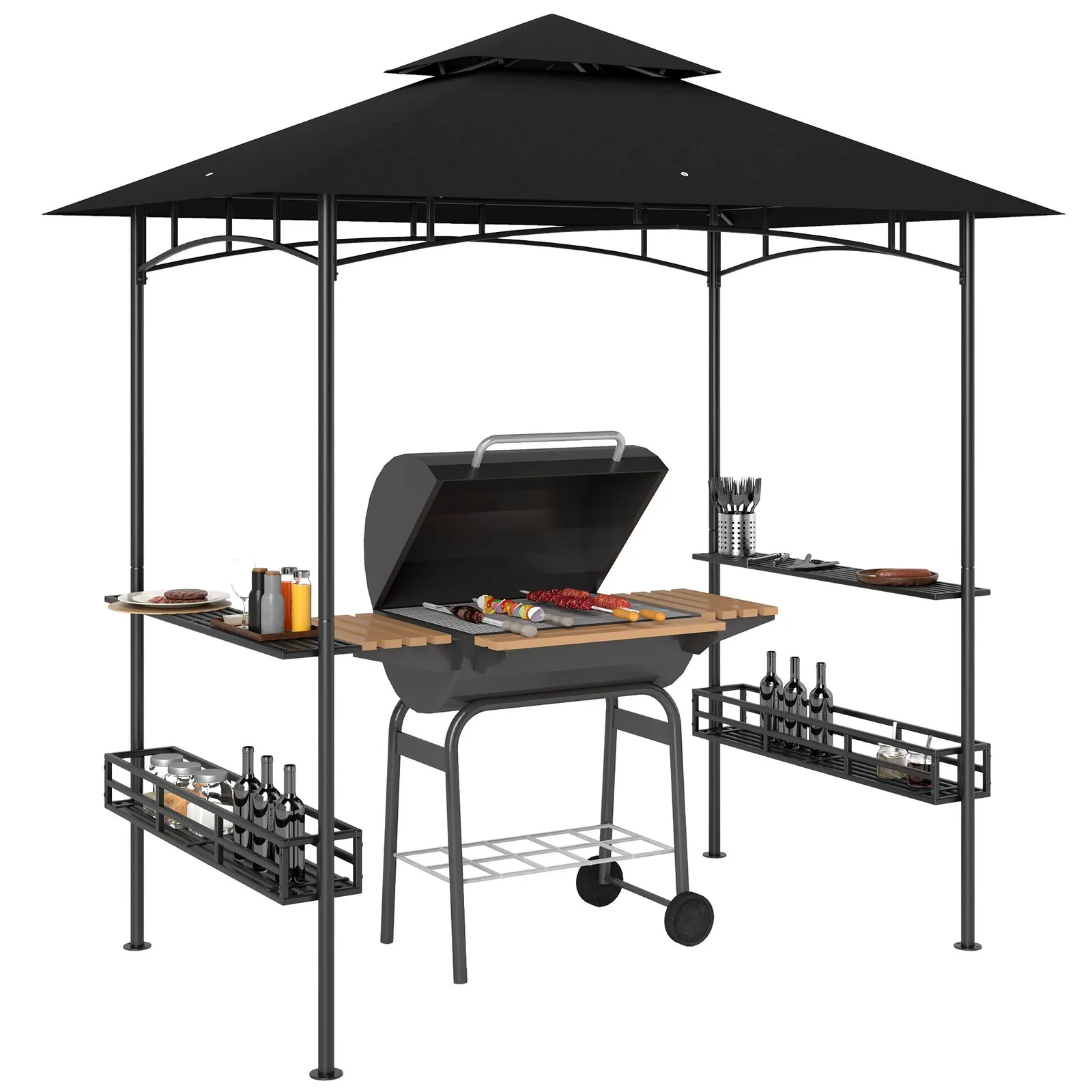 OUTSUNNY 240 x 150cm Grill Gazebo Canopy with Side Shelves, Hook, Dark Grey 2