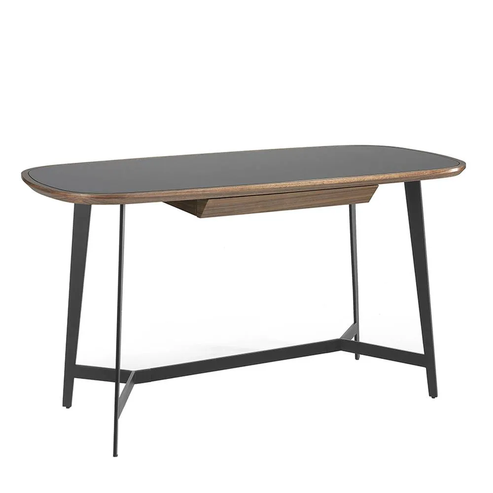 Angel Cerda Walnut Writing Desk with Black Tempered Glass Top and in Brown