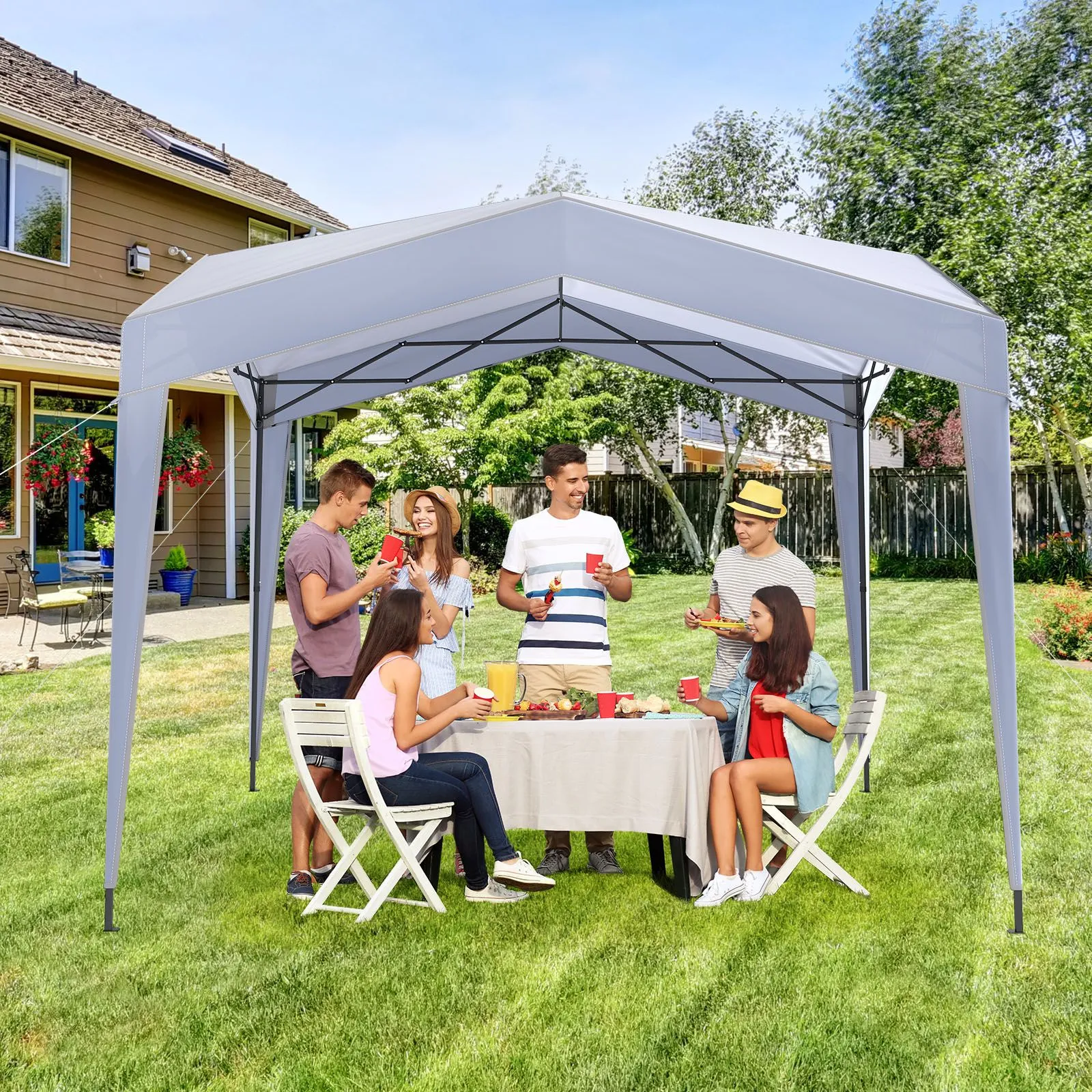 Costway 302 x 302 cm Pop up Canopy Tent with Portable Wheeled Bag & 8 Stakes in White 5