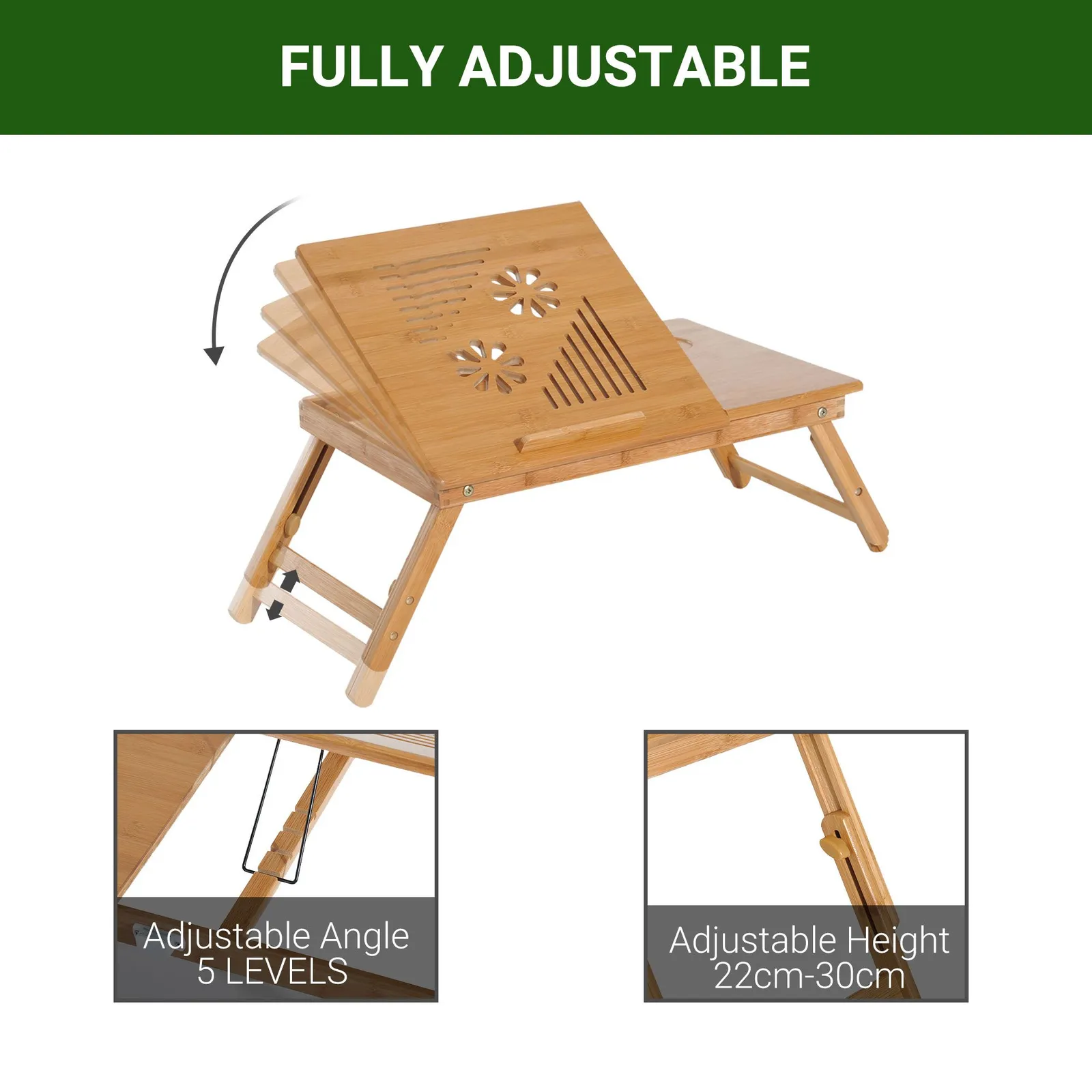 HOMCOM Portable Laptop Desk Notebook Tray PC Bed Table with Drawer Adjustable in Light Brown 4