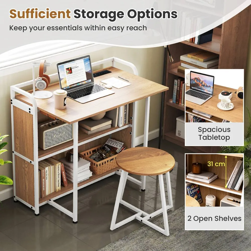 Costway Folding Table w/ Stool 90 cm Computer Desk Set w/ AC Outlets in Natural 3