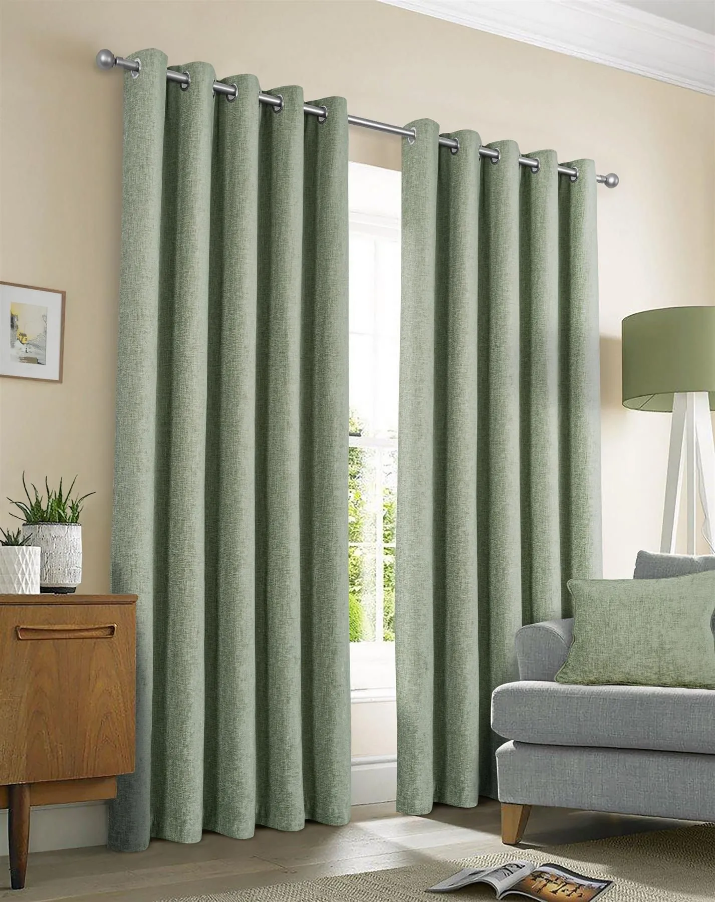 Sundour Amberley Chenille Eyelet Curtains in Green 1