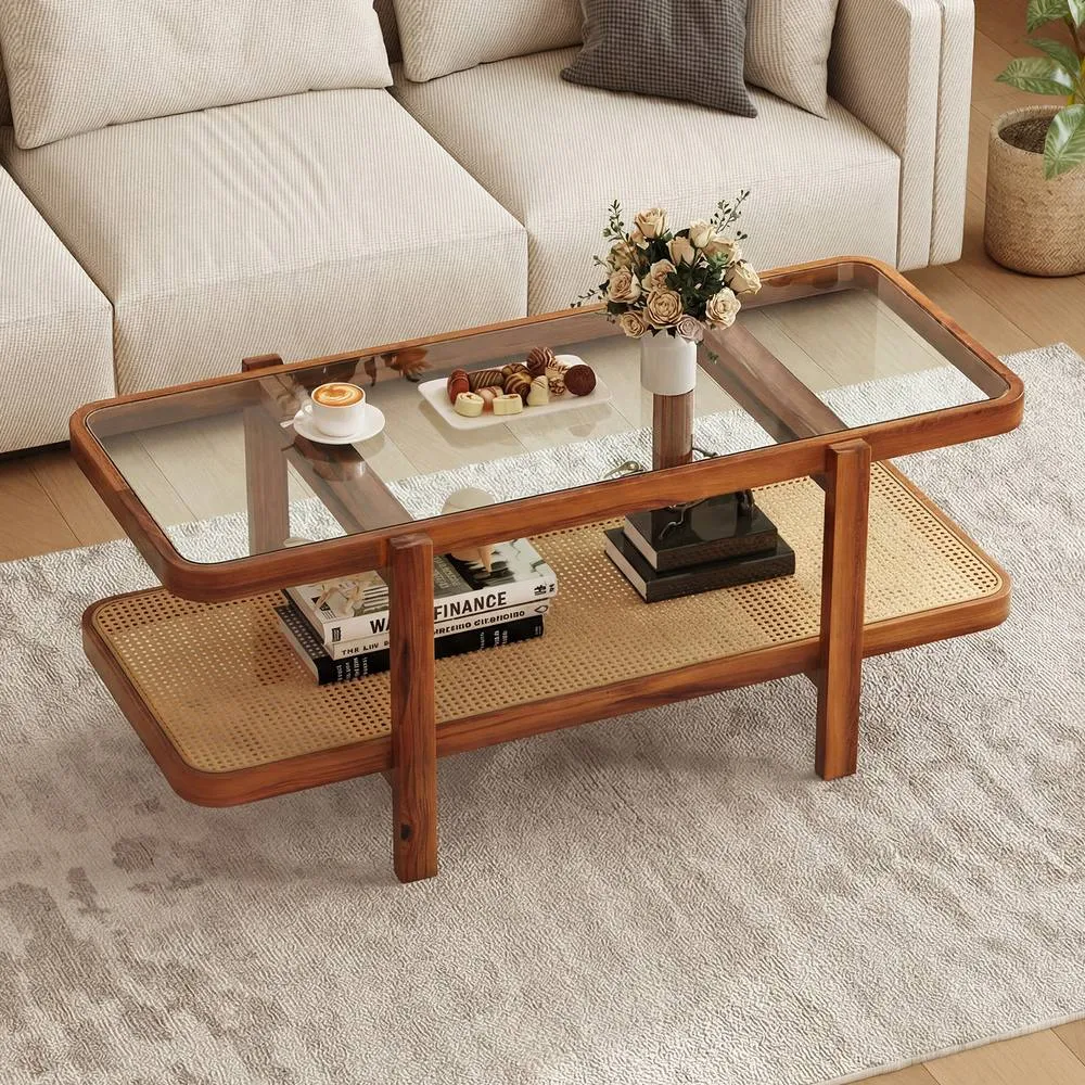 Costway 2-Tier Coffee Table w/ Storage Rectangular Center Table w/Glass Top in Brown