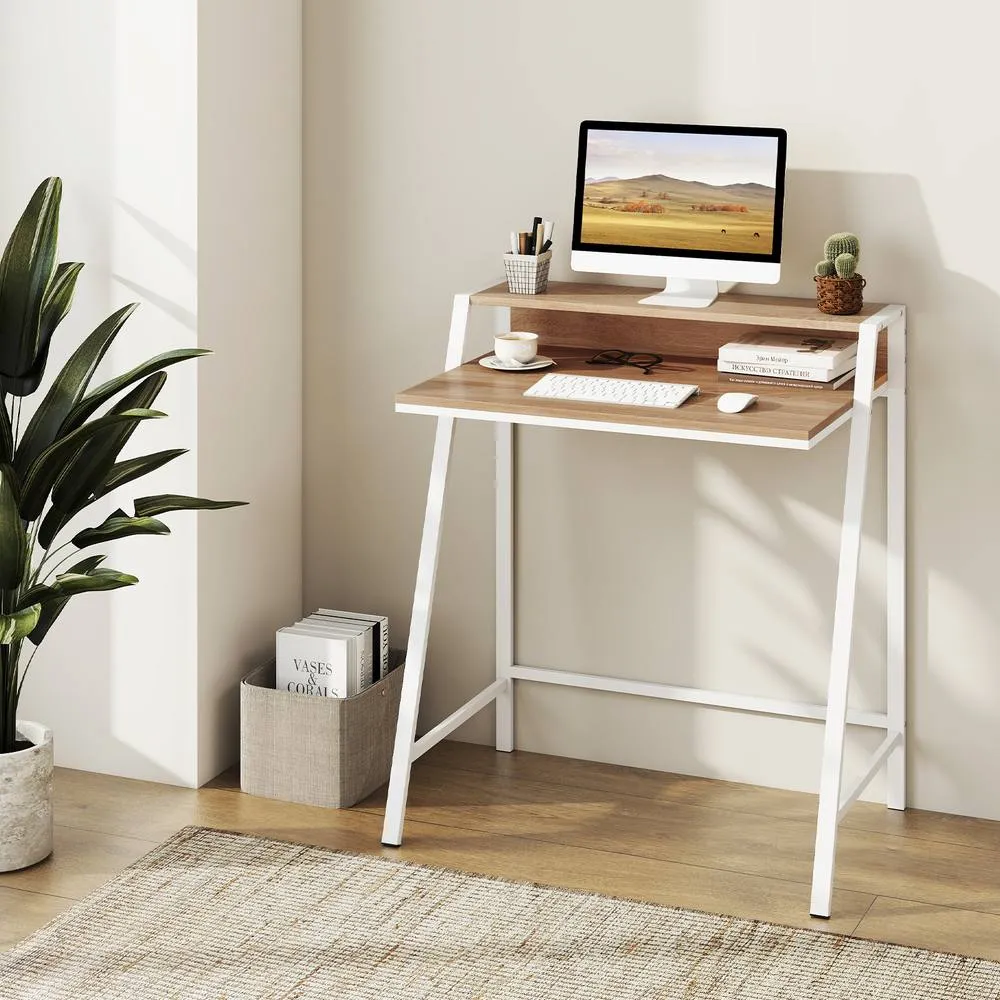 Costway Computer Desk 80 CM Small Desk Compact Desk with Monitor Stand-Natural in Natural