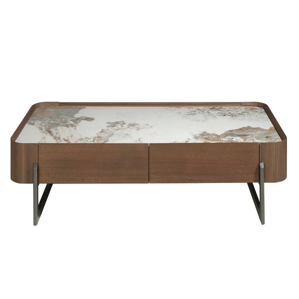 Angel Cerda Rectangular Coffee Table Porcelain Marble Top Walnut in Brown 2