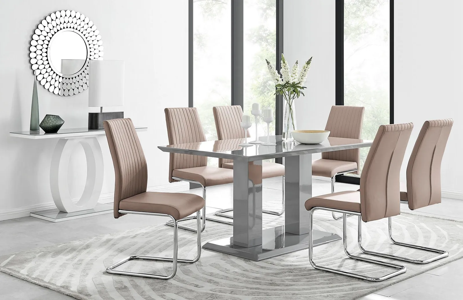 FurnitureboxUK Imperia Grey Modern High Gloss Dining Table & 6 Lorenzo Dining Chairs Set in Beige 1